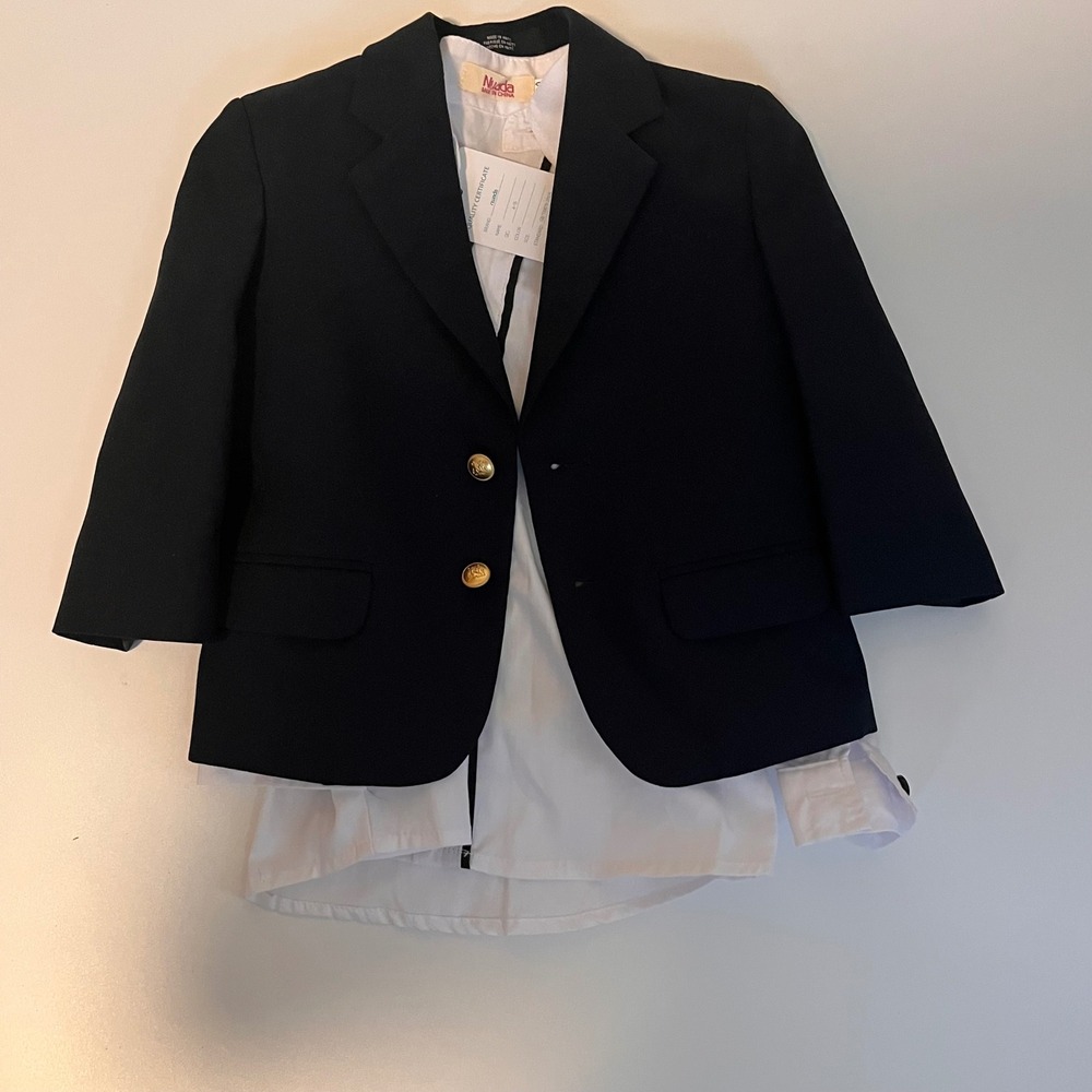 Nautica Boys Navy Blue Blazer Gold Buttons & Nuada White Dress Shirt Set Sz 100